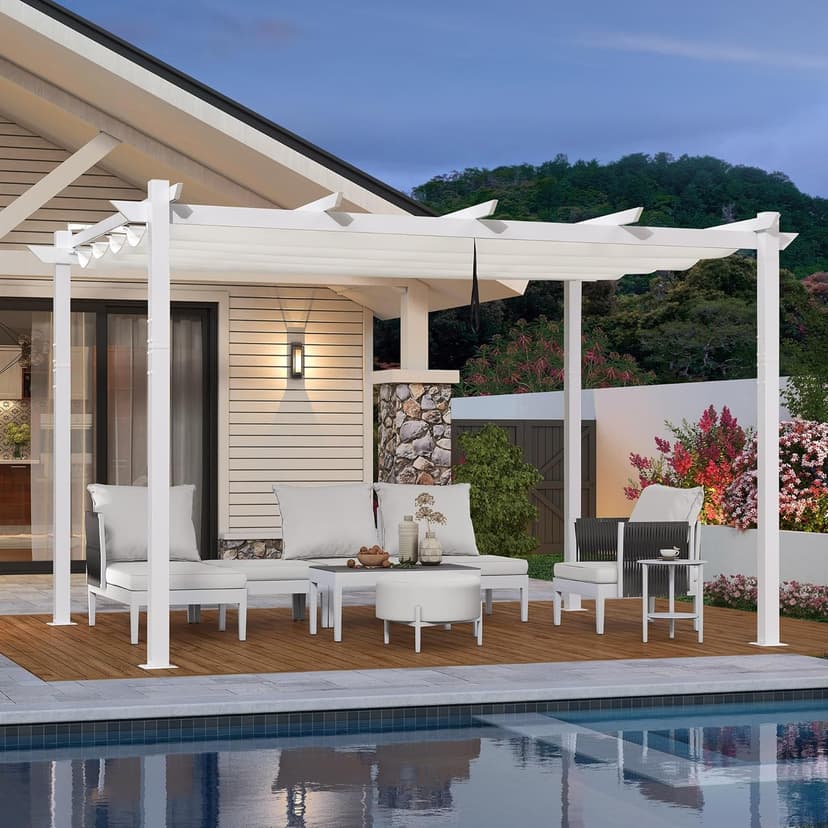 PURPLE LEAF 10' x 13' Outdoor Aluminum Pergola White Heavy-Duty Retractable Pergola Patio Metal with Double Sun Shade Canopy for Gardens Deck Backyard, White