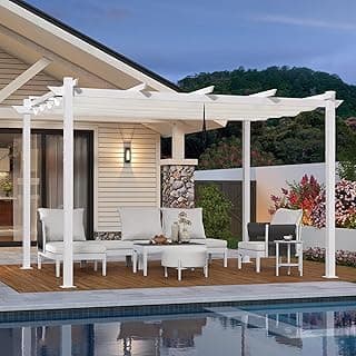 PURPLE LEAF 10' x 13' Outdoor Aluminum Pergola White Heavy-Duty Retractable Pergola Patio Metal with Double Sun Shade Canopy for Gardens Deck Backyard, White