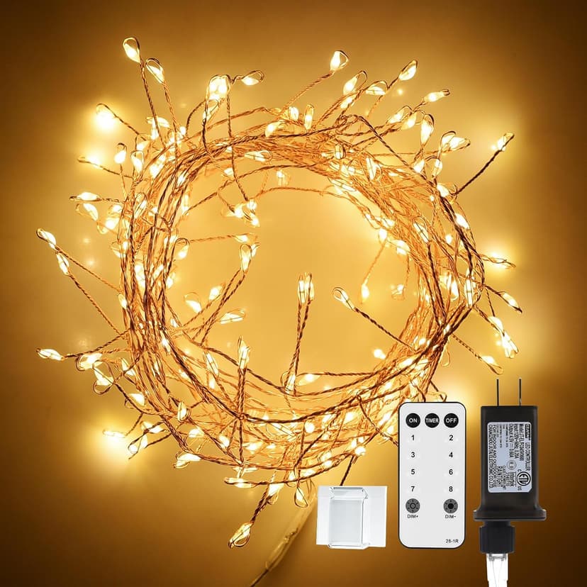 Dailyart Fairy Lights Plug in, 200 Led Twinkle String Light with Remote 10Ft 8 Modes Warm Cluster Lights with Timer for Bedroom Wreath Party Window Wedding Christmas Tree Decoration Gold Wire