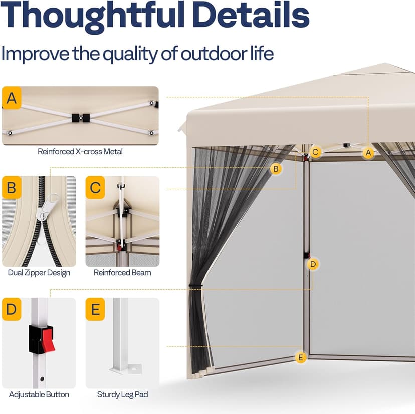 VIVOHOME 10x10ft Easy Pop-Up Canopy, Outdoor Screen Tent with Mosquito Netting, 2 Zipper Doors, and Roller Bag for Yard Camping Picnic Party Events, Beige
