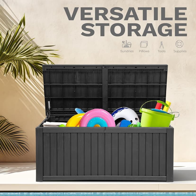 DWVO 150 Gallon XL Deck Box with Divider & Lockable Lid, Waterproof Resin Outdoor Storage for Patio, Garden, Poolside, Cushions, Supplies & Sports Gear, Black
