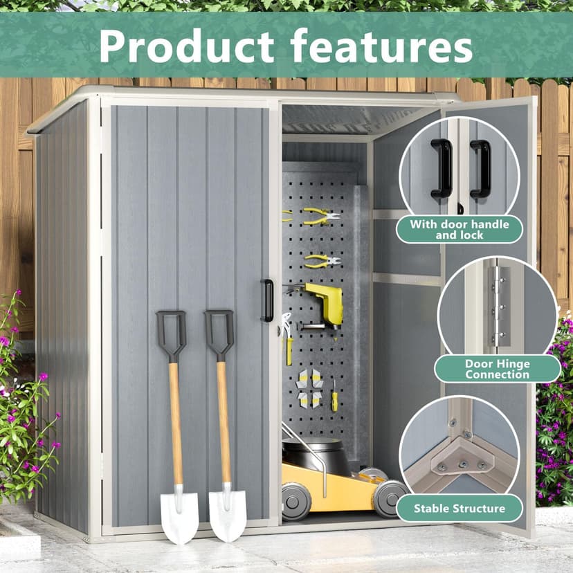 Aoxun Outdoor Storage Shed 5 x 3FT, Resin Shed with Floor and Lockable Door, Plastic Shed for Bike, Garbage Can, Tool, Accessories, Lawn, Garden - Grey