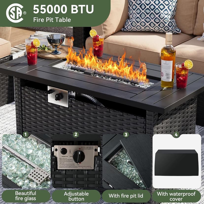 Aoxun 8 Piece Patio Furniture Set with 44” Fire Pit Table Wicker Rattan Patio Sectional Sofa Set Outdoor Seating Furniture with Thickened Cushion, Beige