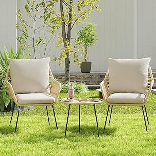 3 Pieces Outdoor Bistro Set, Bistro Set Outdoor with Glass Top Table, Patio Wicker Furniture Set 3 Piece, Rattan Conversation Set for Balcony, Lawn, Garden, Backyard, Poolside, Beige