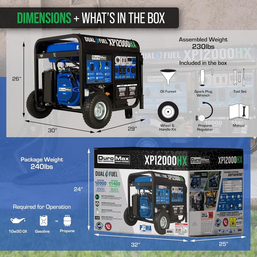DuroMax XP12000HX 12,000-Watt Dual Fuel Portable Generator - Gas & Propane, Electric Start, Whole Home Power Backup, Transfer Switch Ready, RV & Emergency Ready