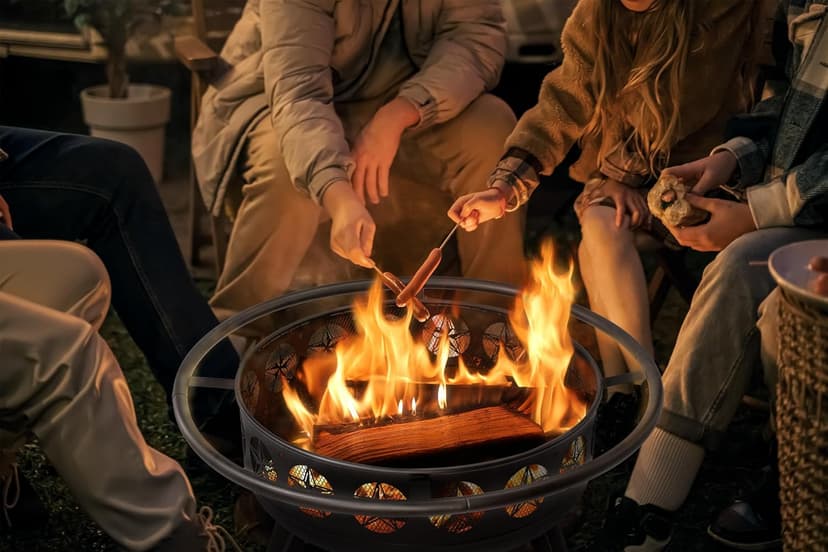 3-in-1 Fire Pit with Swivel Cooking Grate, 32 Inch Wood Burning Firepit with Grill, Outdoor Fire Pits Table with Metal Lid and Poker for Outside Patio Backyard BBQ Bonfire Camping (Black)