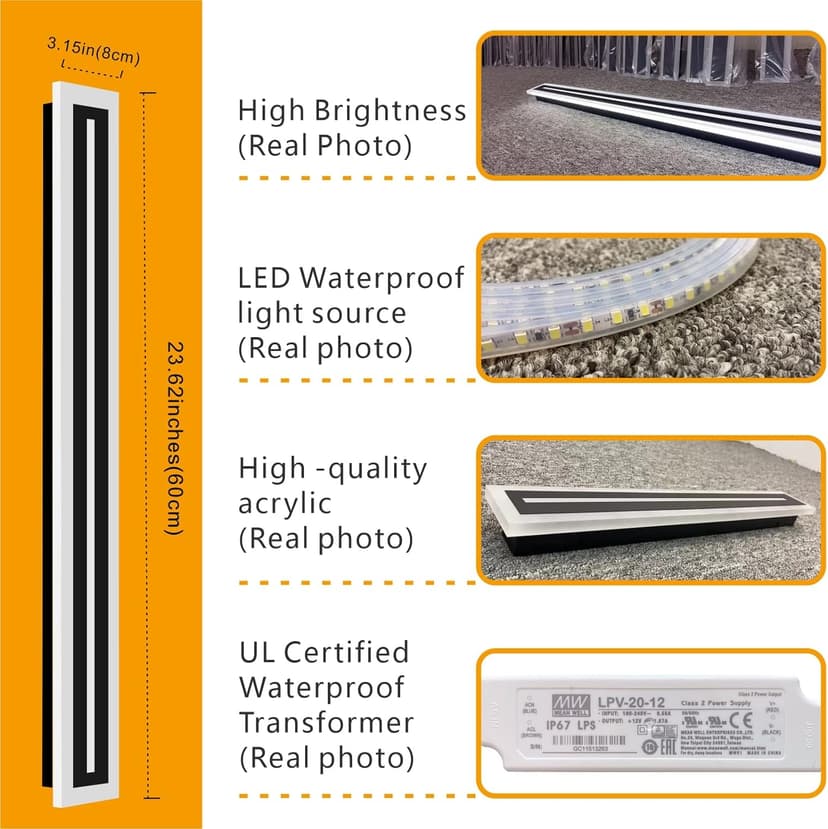LED Long Wall Light Outdoor Wall Mounted Modern Lighting Fixture IP65 Waterproof Outdoor Wall Light, Suitable for Courtyard/Exterior Wall/Patio(6000K White Light, 23.6inch)