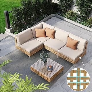 Grand patio 5-Piece Wicker Patio Furniture Set, Boho Outdoor Sectional Sofa with Water Resistant Thick Cushions Coffee Table, Beige
