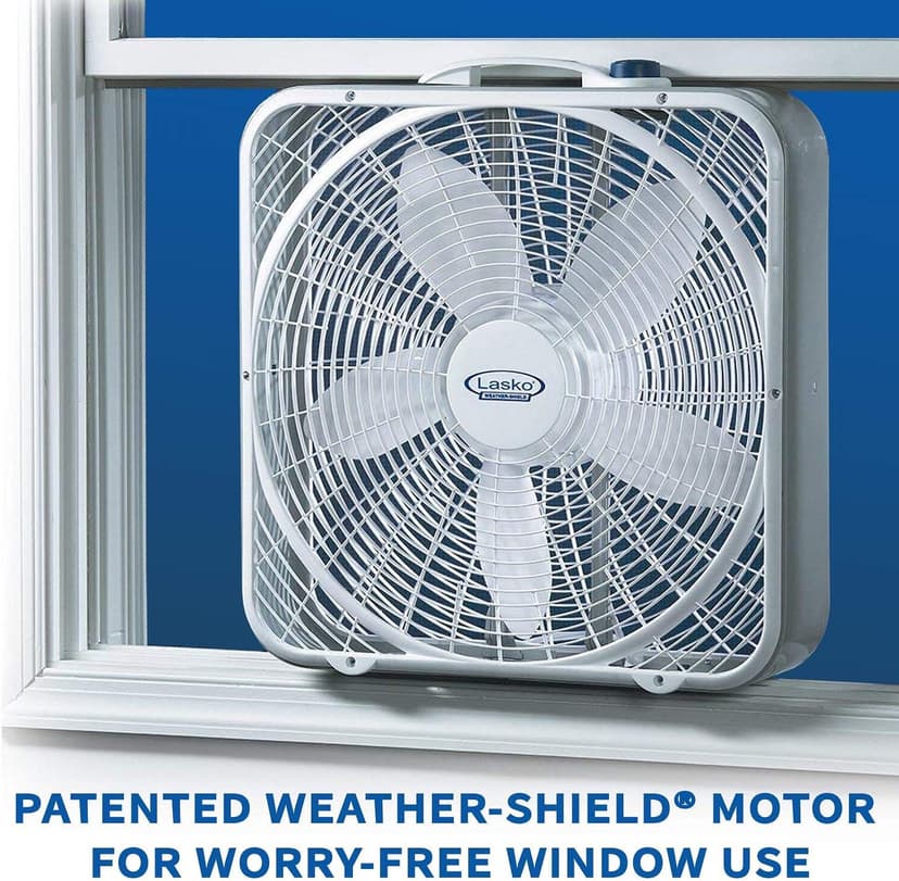 Lasko Weather-Shield Performance Box Fan, 3 Speeds, Innovative Wind Ring System for Up to 30% More Air, Carry Handle for Bedroom, Office, Home, 20 Inch, White, 3720