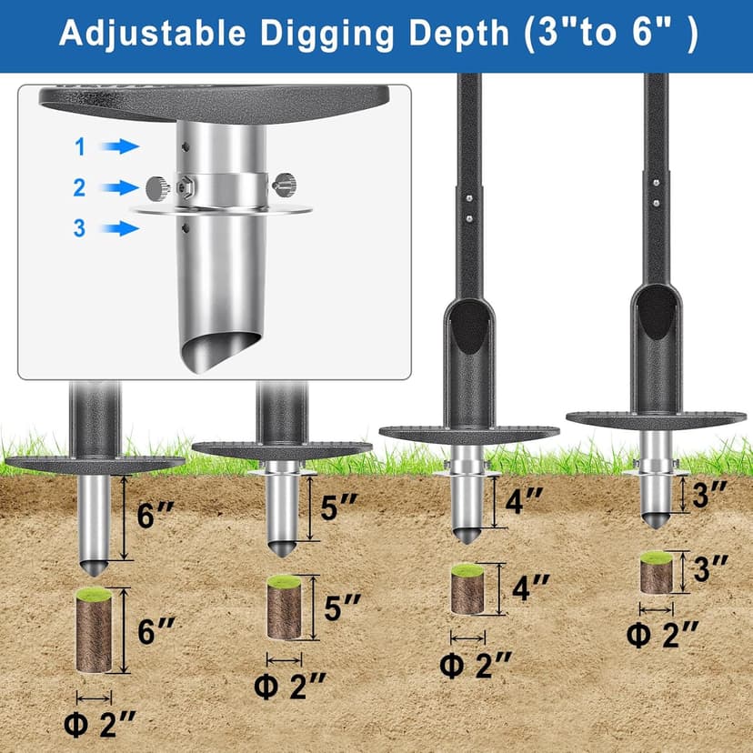 Grass Plugger Tool with Adjustable Digging Depth from 3 to 6 Inch Bulb Planter with Long Handle Plug Cutter Bulb Transplanter Tool for Plants Digging Holes, Repair of Turf, Transplant Seedling