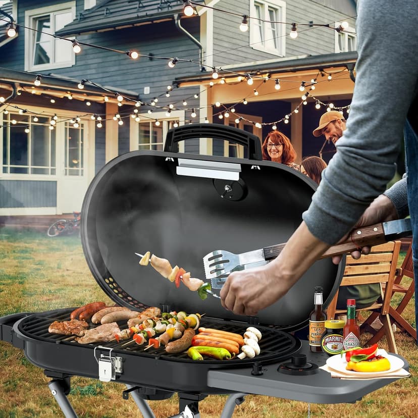 Portable Propane Gas Grill,15,000 BTU BBQ Grill with Top Cover Lid, 406 sq.in. Grilling Areas, 2 Wheels, Built-in Thermometer, Barbecue Gas Grill for Patio,Party,Black