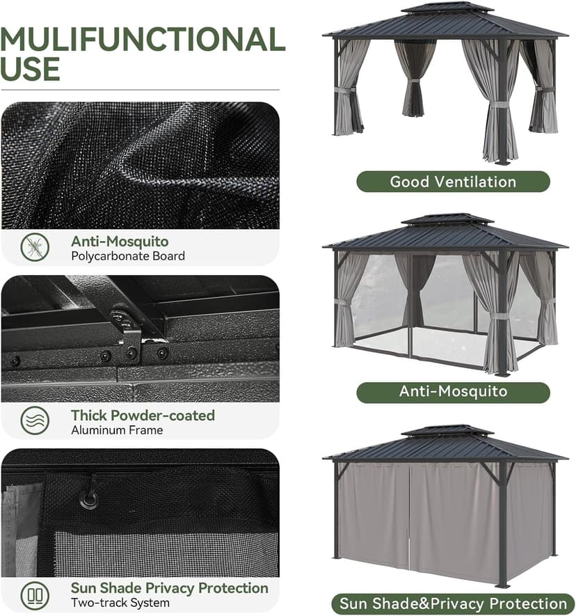 Aoxun 10'x12' Hardtop Gazebo, Aluminum Frame Canopy with Double Galvanized Steel Roof, Outdoor Metal Pavilion with Netting, Curtains for Backyard, Patio and Deck