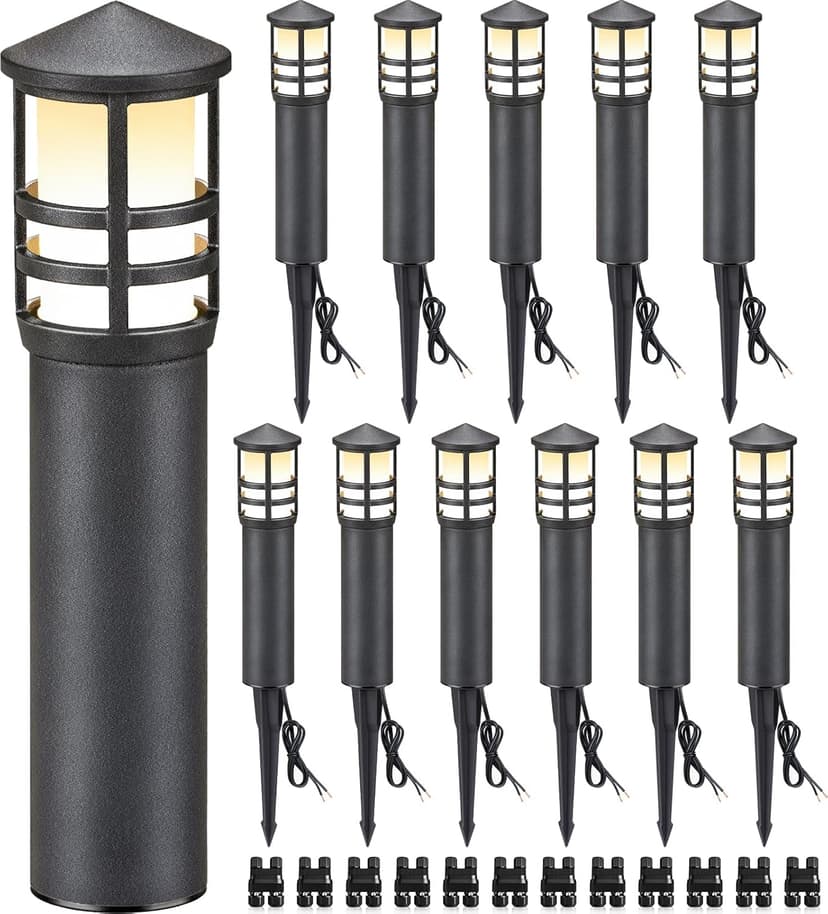 SUNVIE 12-Pack Low Voltage Landscape Pathway Lights 3W Outdoor Landscape Lighting 3000K 12-24V LED Bollard Path Lights Wired CRI 90+ Aluminum Pathway Lighting for Walkway Yard Garden, ETL Listed Cord