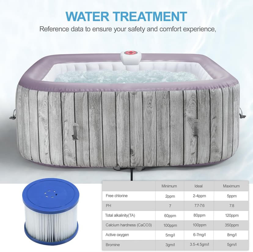 Inflatable Spa Set, Blow Up Hot Tub Outdoor for 4-6 Person, Outdoor Bubble Massage Portable Hot Tub with 130 Soothing Jets, Built in Heater Pump and 6 Filter Cartridges (Square)