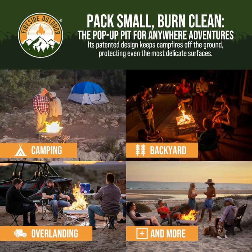 Fireside Outdoor Portable Fire Pit for Camping 24 Inch- Collapsible Pop Up Fire Pit, Outdoor Camp Fire, Wood Fire Pits for Outside, Campfire Standing Fire Pit, Weighs 7 lbs, Heat Shield NOT Included