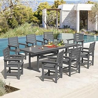 9 Pieces Patio Table and Chairs Set, HDPS Weather Resistant Outdoor Patio Dining Set with Umbrell Hole, Rectangle Outdoor Dining Table with 8 Patio Chairs for Balcony Backyard Deck, Grey