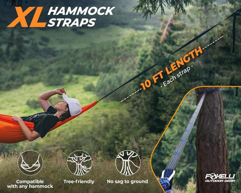 Foxelli XL Hammock Straps - Extra Long 20FT Heavy Duty No-Stretch Suspension System, 40+2 Loops, 2000 LBS Capacity, for Indoor/Outdoor Use – Set of 2 Straps & Carry Bag
