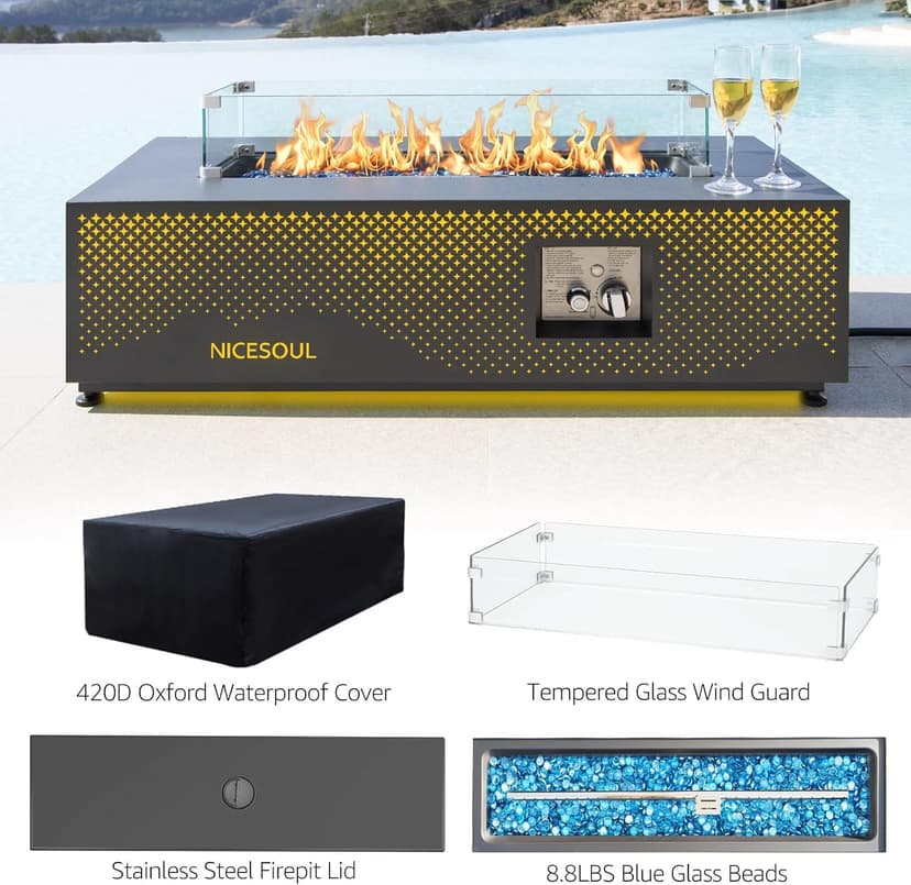NICESOUL 42'' Propane/Natural Gas Fire Pit Table, Rectangle Firepits with Tank Table, 50000 BTU Modern Outdoor Fireplace with LED Lights for Outside Patio Backyard Deck Porch, CSA Certified, Dark Gray