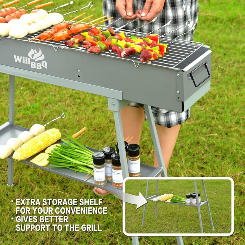 Charcoal Grills Commercial Quality Portable Multiple Size Hibachi BBQ Lamb Skewer Folded Camping Barbecue Grill for Garden Backyard Party Picnic Travel Outdoor Cooking Use(31.6x7.1x5.1 inch)