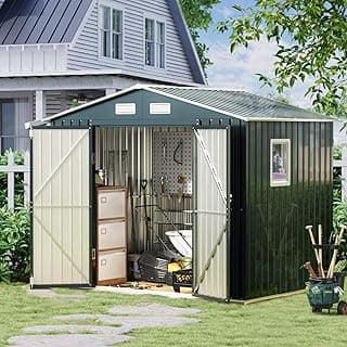 8x6FT Outdoor Steel Storage Shed with Frame Floor,Clear Window, Lockable Doors, Weather-Resistant Metal Tool Shed for Garden, Backyard, Patio, and Utility Storage