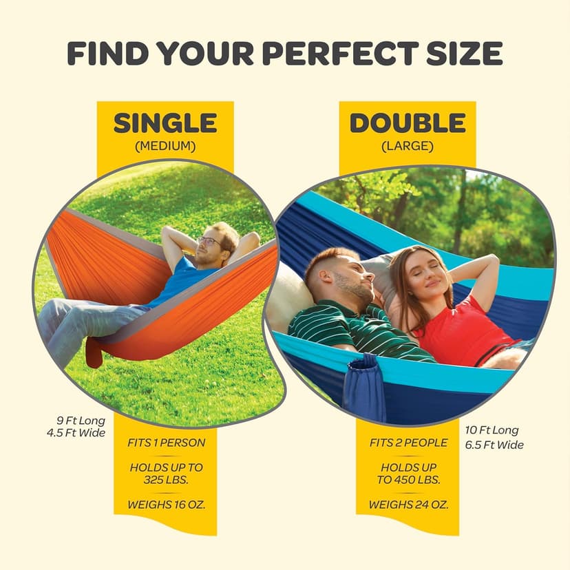 Durable Hammock 400 lb Capacity, Nylon Camping Hammock Chair - Double or Single Sizes w/Tree Straps and Attached Carry Bag - for Travel/Backpacking/Beach/Backyard (Medium, Black & Light Grey)