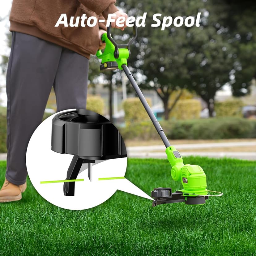12-inch 20V Cordless String Trimmer with Charger, 2 X 2.0Ah Battery Powered Grass Mover with Auto Line Feed, 2 in 1 Lawn Edger with 8 Pcs Grass Cutter Spool Line and 2 Spool Cap, Green