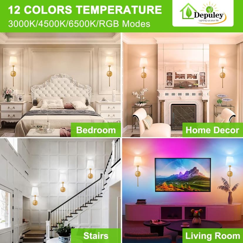 Depuley Battery Operated Wall Sconce: Set of 2 Wireless Wall Lights with Remote for Bedroom - Rechargeable 15 Colors Gold Wall Lamp for Living Room Hallway