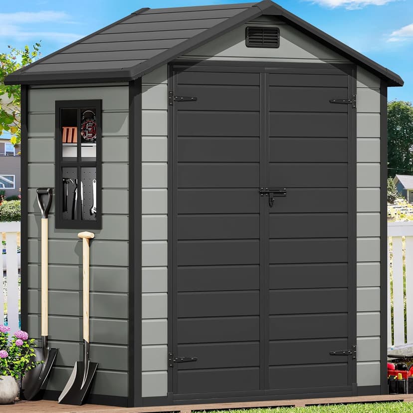 DWVO 6x4 FT Resin Storage Shed with Reinforced Floor, Outdoor Storage Shed with Lockable Door, Window and Vents, Waterproof Plastic Tool Storage for Garden, Backyard, Patio, Lawn(Blue-Gray+Black)