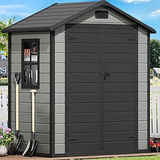 DWVO 6x4 FT Resin Storage Shed with Reinforced Floor, Outdoor Storage Shed with Lockable Door, Window and Vents, Waterproof Plastic Tool Storage for Garden, Backyard, Patio, Lawn(Blue-Gray+Black)