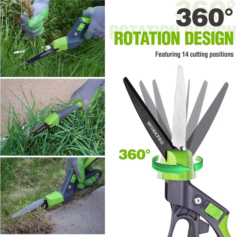WORKPRO Grass Shears Handheld, Ultra-Sharp Grass Clippers with 360 Degree Swivel Blades, Manual Grass Cutter, Non-Slip Garden Shears, Gardening Scissors, Plant Clippers for Precise Lawn Trimming