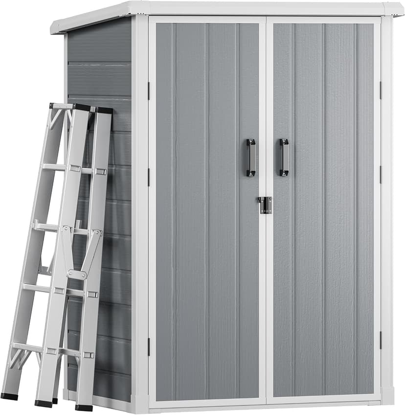 DWVO 60 Cuft Outdoor Tall Storage Shed with 2 Shelves, Weatherproof Vertical Tool Shed with Floor & Lockable Doors, Sturdy Double-Wall Plastic Cabinet for Garbage Cans and Garden Equipment (Gray)