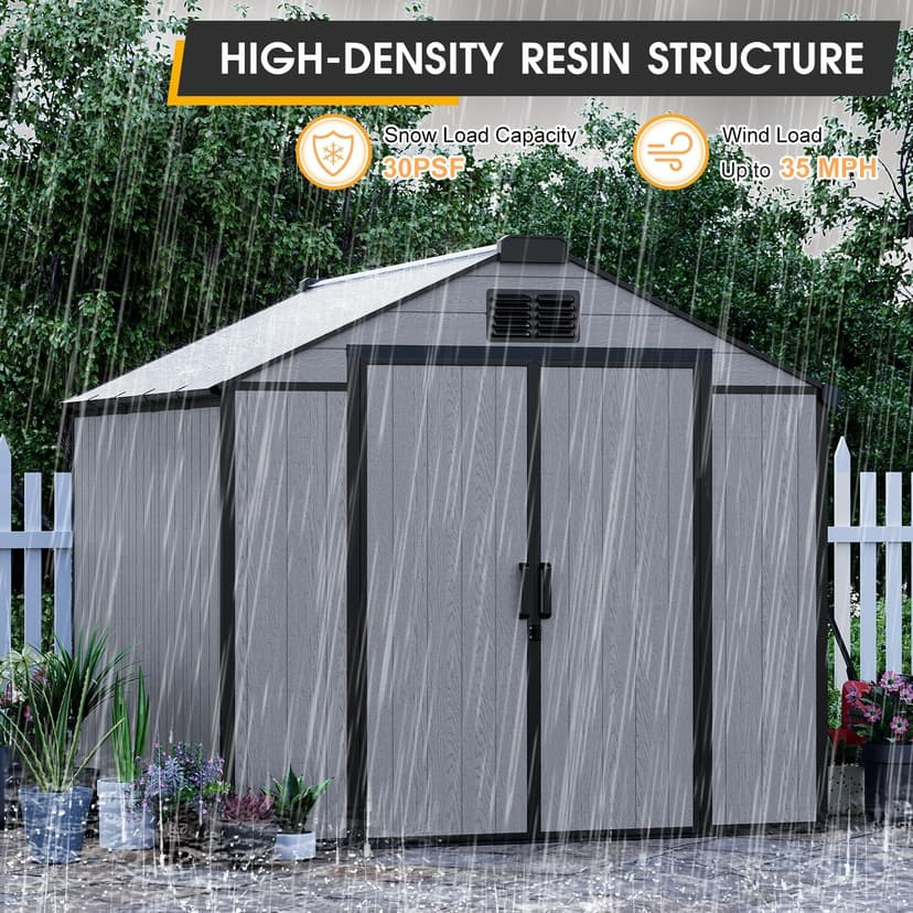 8 x 10 FT Resin Outdoor Storage Shed, All-Weather Plastic Garden Shed with Floor, Lockable Doors & Windows