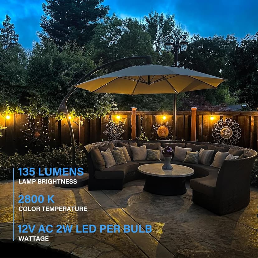 GOODSMANN LED Low Voltage String Lights 12V AC 50FT 10PCS 2W Bulbs 135 Lumens Hanging Landscape Lighting 2800K String Weatherproof Decorative Lights for Patio Lights