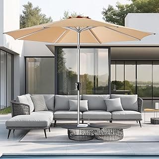 9FT Aluminum Outdoor Patio Umbrella, 5-Year Fade Resistant Market Table Umbrella, UPF50+ UV Protection with Push Button Tilt, Crank for Pool Deck and Garden (Beige)