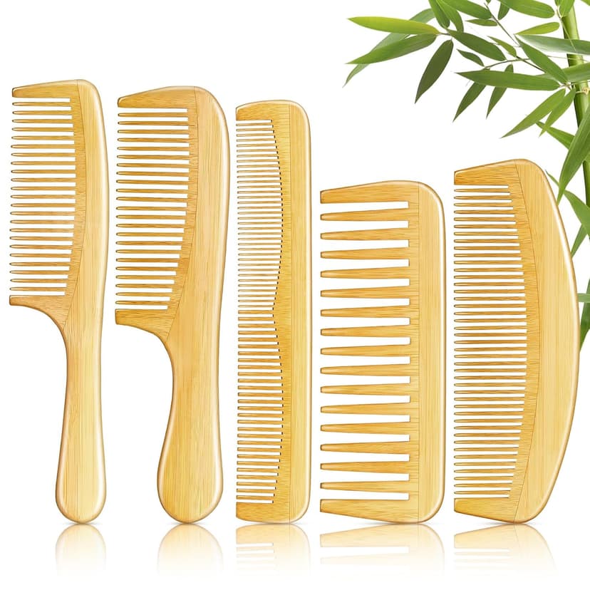 SALONSILK 5PCS Wooden Hair Comb Set, Bamboo Wide Tooth Fine Tooth Combs for Women and Men, Natural Wood Beard Styling Curly Detangling Set for Thick & Thin Hair