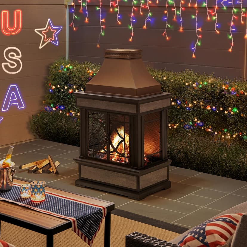 Sunjoy Outdoor Fireplace, Smith Collection Patio Wood Burning Steel Fireplace with Chimney, Spark Screen, Fire Poker, and Removable Grate, Copper with Yellow Tile