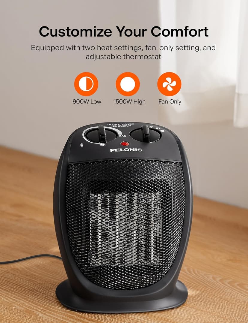 PELONIS PHTA1ABB Portable, 1500W/900W, Quiet Cooling & Heating Mode Space Heater for All Season, Tip Over & Overheat Protection,for Home, Office Personal Use, Black , 9inch