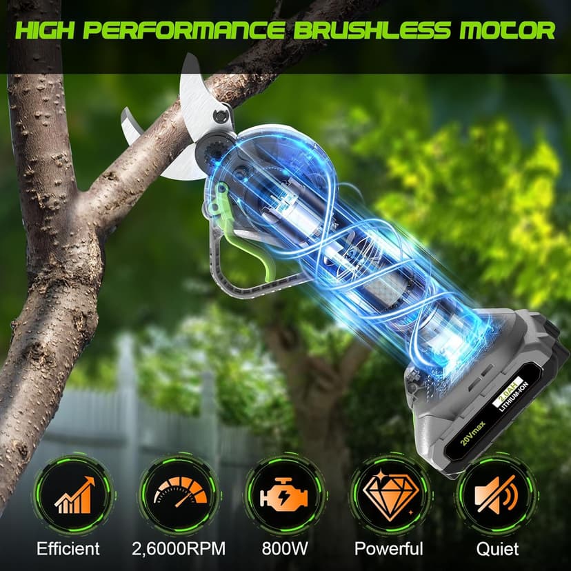 2 In 1 Pole Pruning Shears Cordless (2025 Upgraded), Electric Pruning Shears with LCD Display,1.5-2 Inch Cutting Diameter Pole Pruners for Tree Trimming, with 2 Pack 2.0Ah Batteries and Goggles