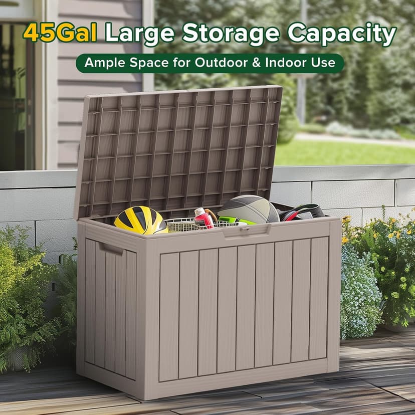45 Gallon UV Resistant Outdoor Storage Box Waterproof, Lockable Resin Deck Box for Garden Tools, Sports Equipment and Cushions, Gray