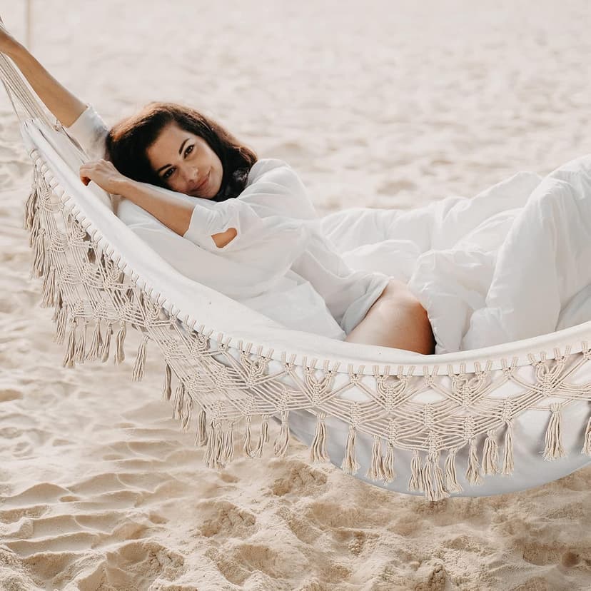 Indoor Hammock with Macrame Fringe for 2 Persons,Double Boho Hammocks with Tassels,Portable Cotton Rope Hamaca Swing with Travel Bag for Outside,Porch,Garden,Patio,Backyard,Up to 500lbs White