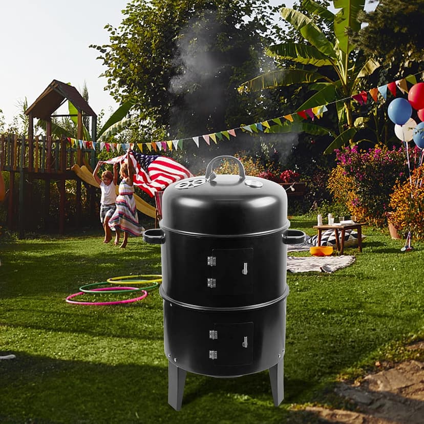ZXMT 17 Inch Vertical Multi-Layer Steel Charcoal Smoker, Heavy Duty Round Charcoal BBQ Grill for Outdoor Smoking Grill with Thermometer Outdoor Home Party