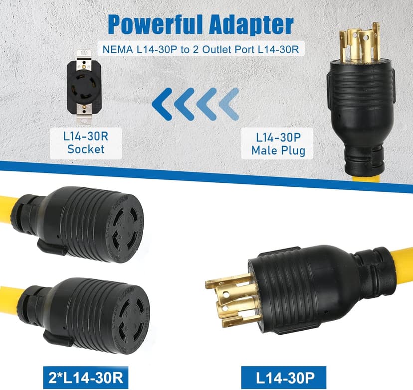 3FT NEMA L14-30 Splitter Cord Generator Y Adapter, HDWS NEMA L14-30P to (2) Outlet Port L14-30R Twist Lock Extension Cord, 30 Amp 4 Prong Generator Power Cord Adapter