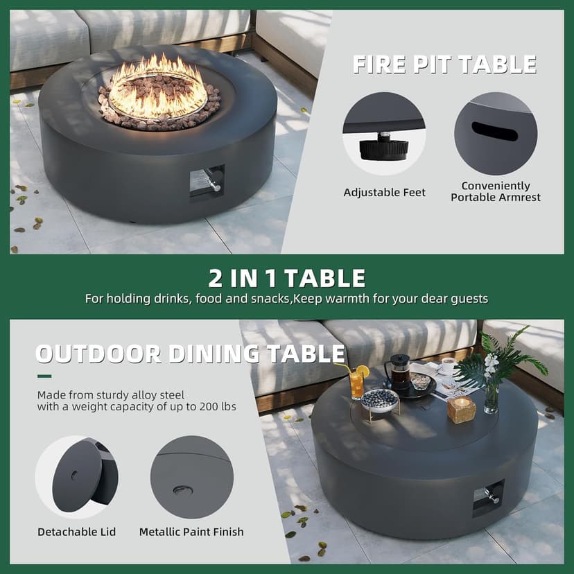 UPHA 42-inch Outdoor Propane Gas Fire Pit Table 50000 BTU Iron Round FirePit for Outside Patio with Tank Hidden Table, Removable Lid, Lava Rocks, Rain Cover, Grey