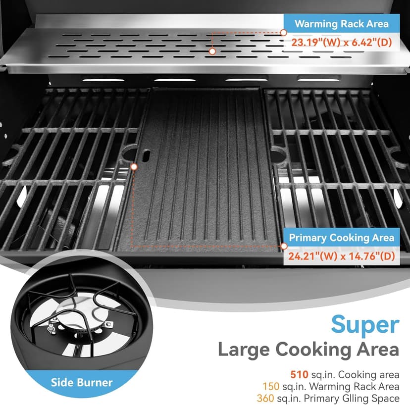 2 in 1 Propane Gas BBQ Grill with Side Burner & Porcelain-Enameled Cast Iron Grate, 4-Burner Flat Top Grill, 46,700 BTU Outdoor Barbecue Propane Griddle Grill Combo for Camping, Patio, Backyard