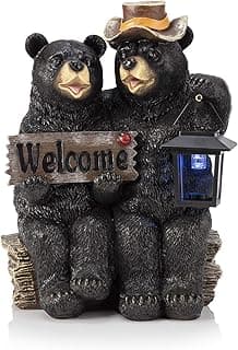 Alpine Corporation 15" Tall Outdoor Bear Couple with Lantern and Welcome Sign Statue with Solar LED Light Yard Art Decoration