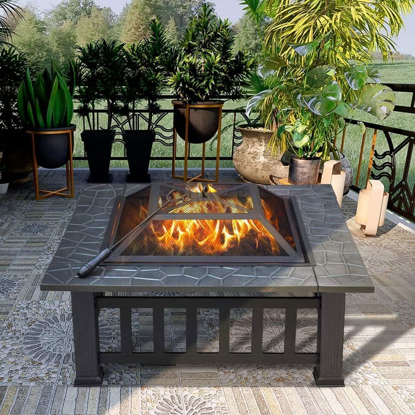 SINGLYFIRE 32 Inch Fire Pit Table for Outside Square Metal Firepit Outdoor Wood Burning Large Steel Bonfire Pit for Patio Backyard Garden with Waterproof Cover,Spark Screen,Log Grate,Poker
