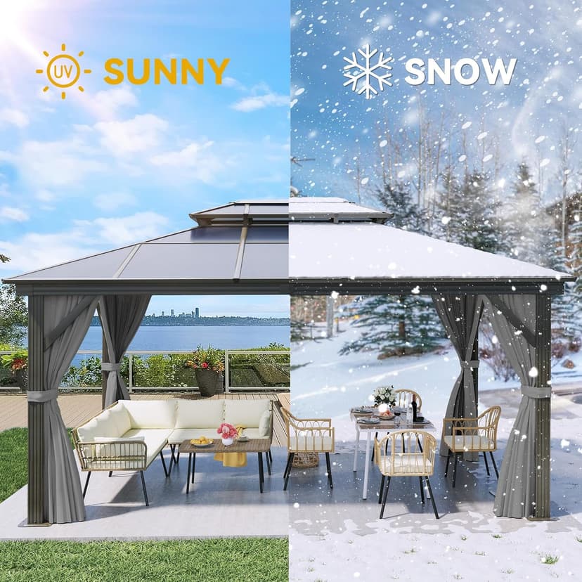 YITAHOME 12x16FT Gazebo Polycarbonate Top Double Roof Canopy Outdoor with Netting and Shaded Curtains, Aluminum Frame Hardtop Garden Tent for Patio, Backyard, Deck and Lawns, Grey