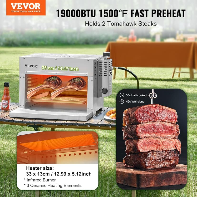 VEVOR Propane Steak Grill, Portable Propane Steak Cooker, 1500°F Stainless Steel Barbecue Infrared Grill with 6-Tier Adjustable Rack, Steak Cooker Machine for BBQ, Toast, Grill, Outdoor Picnic