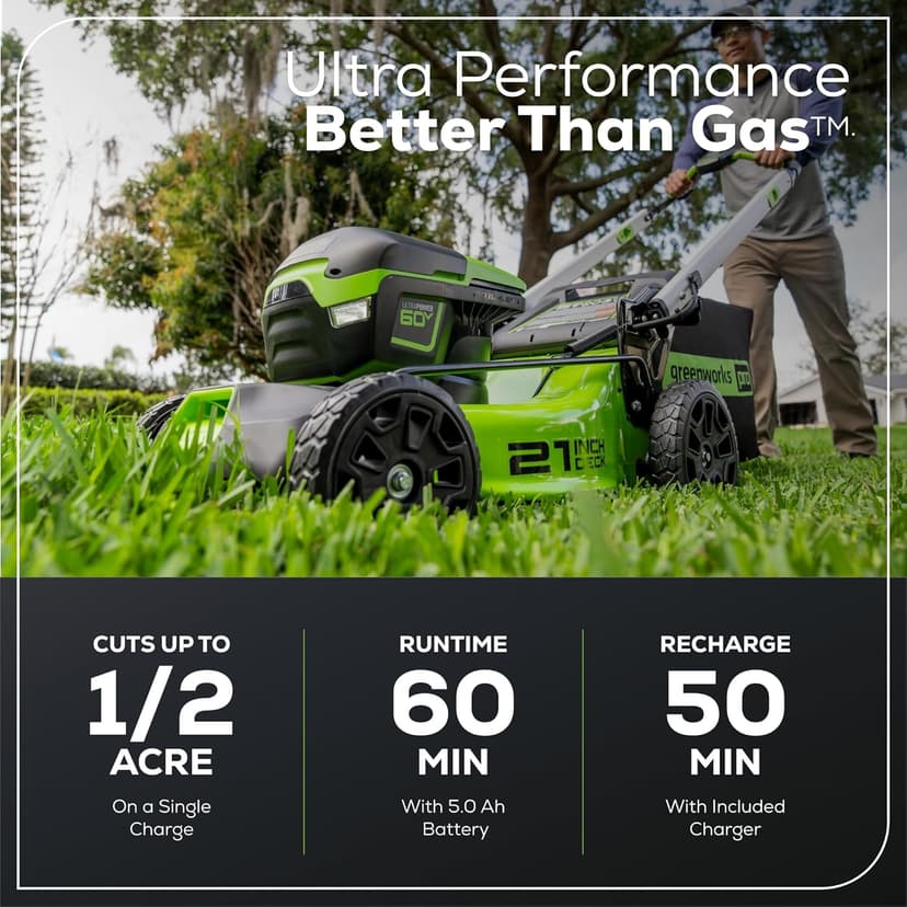 Greenworks 60V 21” Cordless (Push) Lawn Mower (LED Lights + Aluminum Handles), 5.0Ah Battery and Rapid Charger