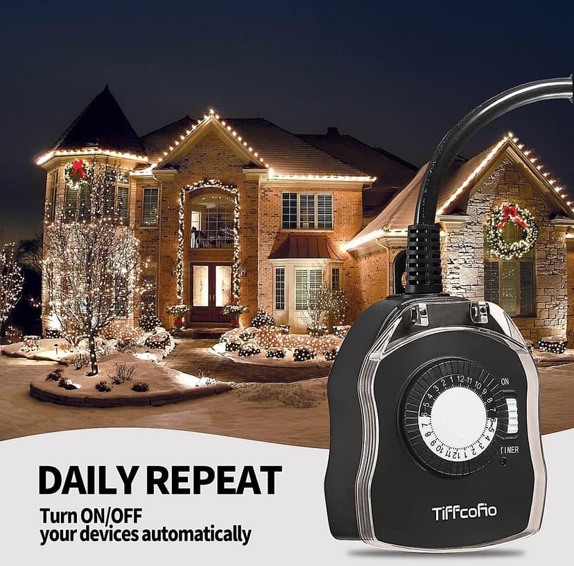 TiFFCOFiO Outdoor Timers Waterproof, 24 Hour Mechanical Outdoor Timer for Lights, Outdoor Outlet Timer, 2 Grounded Outlets for Yard and Garden, 15A 1/2HP, CSA Listed, 2 Pack